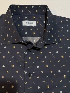 Eton Mens Dress Shirt 18 46 Dark Blue Vegetables Micro Print Fine Twill